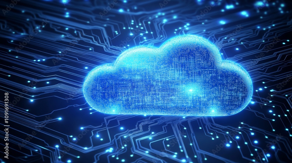 Poster A glowing digital cloud representation is showcased against a dark backdrop, intertwined with intricate circuit patterns and luminous dots, symbolizing advanced cloud technology and connectivity.