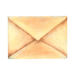 Closed craft paper envelope for letters. Hand drawn watercolor illustration of old postal message on isolated background. Retro correspondence. Drawing of vintage mail for greeting cards, invitations.