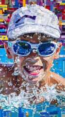 Young swimmer practicing butterfly stroke in vibrant mosaic style with splashes of water around