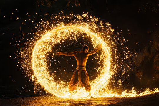 Fire Performer Creates Stunning Sparks While Spinning a Flaming Hoop at Night - Powered by Adobe