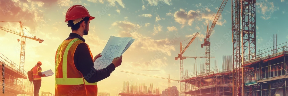 Leinwandbilder an engineer stands on a construction site holding blueprints while cranes loom in the background und