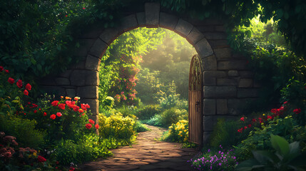 Fototapeta premium Stone archway leading to a lush garden. Secret Garden Door. Illustration
