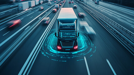 Aerial view of autonomous truck driving on autopilot on a highway with traffic sensors scanning surroundings. Cargo delivery, transportation of the future. Artificial intelligence. Self driving.