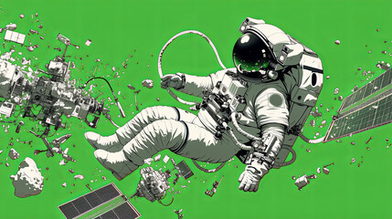 Fototapeta premium An astronaut floats freely in a green void, surrounded by space debris and solar panels, symbolizing exploration amidst cosmic chaos.