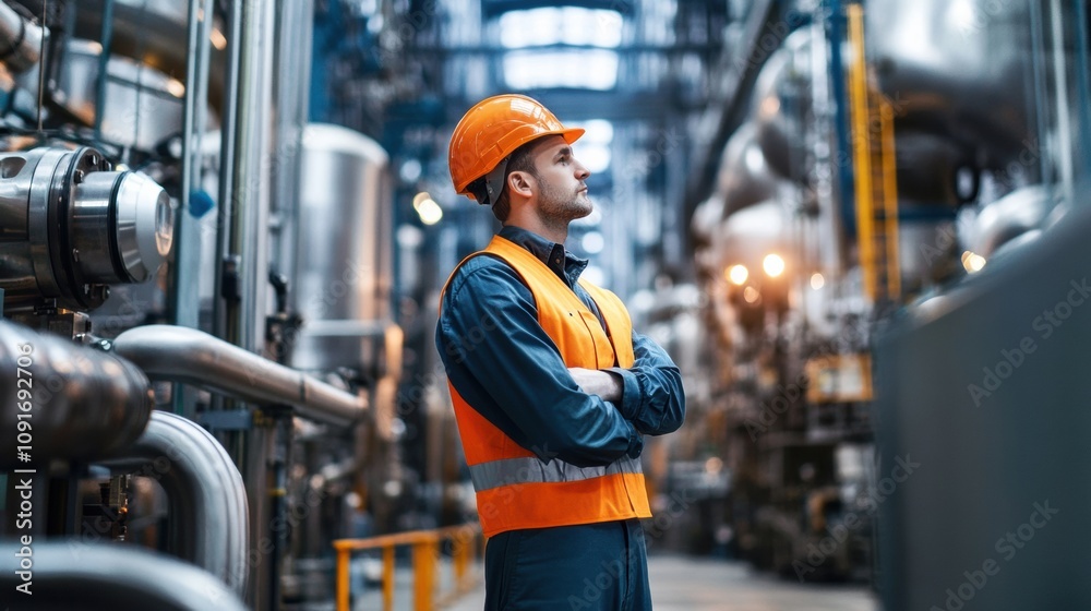 Poster an engineer in safety gear stands confidently among machinery, evaluating production processes in a 