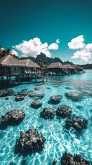 Fototapeta premium Serene Lagoon in Bora Bora with Crystal Clear Waters and Overwater Bungalows for Relaxation and Vacation Generative AI