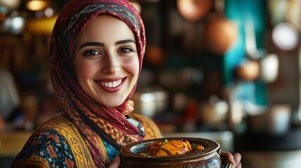 Smiling Middle Eastern Woman in Hijab Holding Traditional Dish in Warm Kitchen Setting