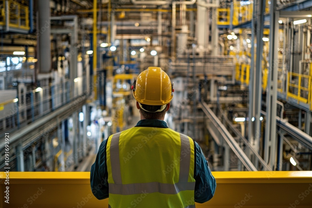 Aufkleber an engineer wearing a safety vest and helmet stands on a balcony, monitoring machinery operations in