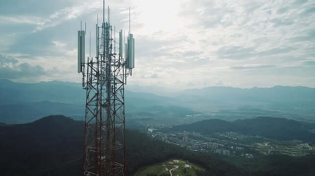 Aerial drone view of 5G telecommunication tower. GSM and radio telecommunication tower. Cell phone tower. Base transceiver station. Wireless communication antenna transmitter.