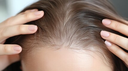 Fototapeta premium Woman Touching Her Thinning Hair, Close-up View for Hair Loss Concerns Generative AI