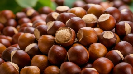 Obraz premium Autumn's Bounty: A close-up capture showcasing a generous assortment of freshly harvested chestnuts.
