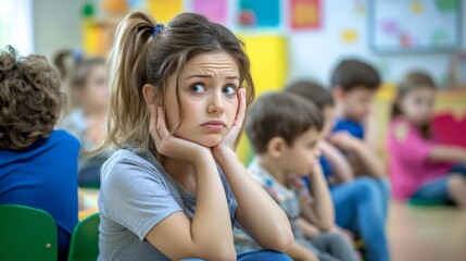Obraz premium Overwhelmed Teacher in a Crowded Classroom, Stressful Education Environment Generative AI