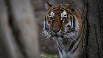 Obraz premium Tiger's Gaze: Captivating portrait of a majestic tiger peeking from behind a tree trunk, its intense eyes filled with a sense of wildness and alertness, showcasing its powerful and graceful presence.