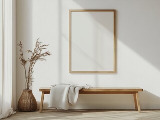 Minimalist Scandinavian Home Decor with Wooden Bench and Poster Frame Generative AI