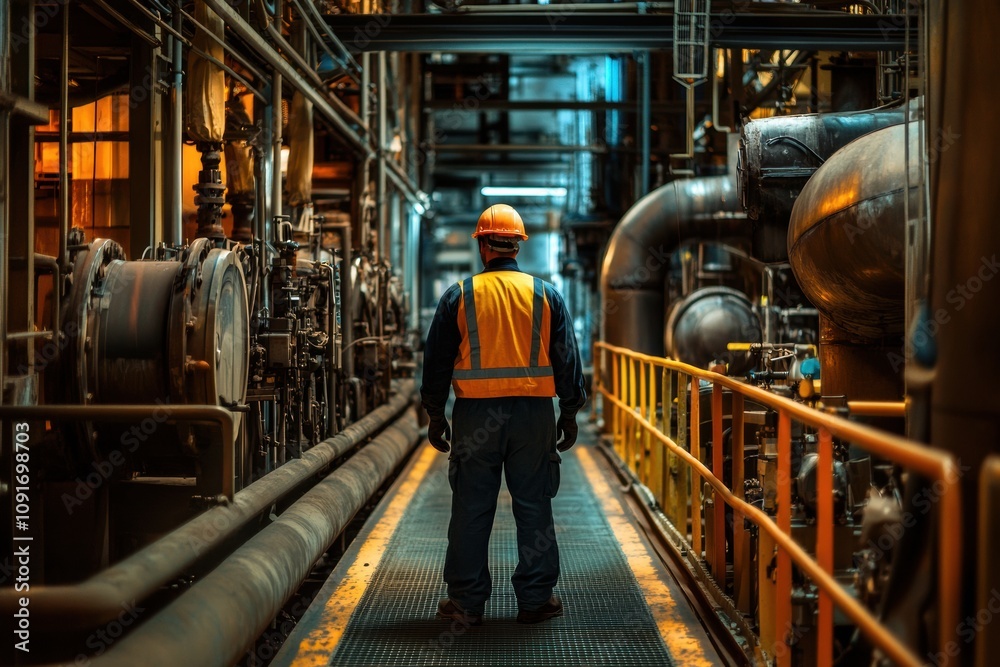 Aufkleber an engineer in safety gear observes the industrial factory environment, surrounded by machinery and 