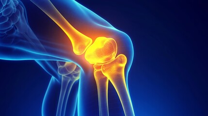 Obraz premium Detailed illustration of a glowing knee joint on a blue background, for medical or health-related concepts Generative AI