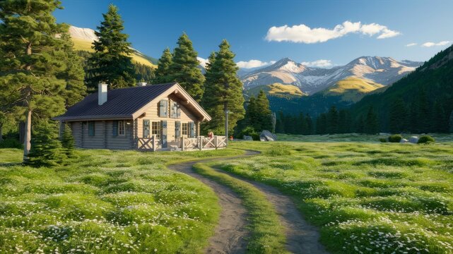 Serene Mountain Cabin: A quaint wooden cabin nestled amidst a vibrant green meadow, with a winding dirt path leading towards it, all under the watchful gaze of majestic snow-capped mountains.