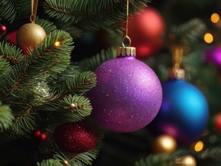 Obraz premium New Year's Eve, beautiful composition, big bright shiny purple ball and colorful Christmas tree balls on a green spruce branch