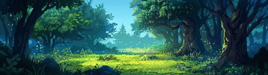 Naklejka premium Forest clearing with sunlight shining through trees and lush greenery. Pixel art landscape of a tranquil woodland. Nature and outdoor scenery concept. Generative AI