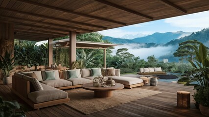 Fototapeta premium Luxury House in Natural Scenery: This image shows a luxury wooden house merges seamlessly with the stunning natural surroundings, with a panoramic view of mountains.