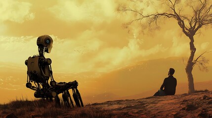 Robot and Human Contemplate a Distant Sunset Landscape