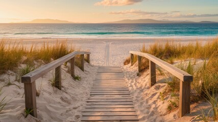 Obraz premium Path to Paradise: A picturesque wooden pathway leads to a serene beach with golden sand, a calm sea, and a soft sunset casting a warm glow. 