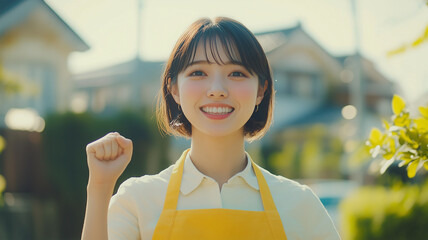 元気な笑顔で応援する日本人女性