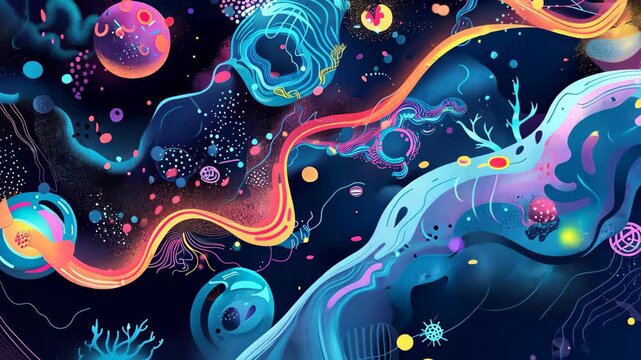 A swirling abstract artwork representing the merging of blue and orange topaz colors and shapes, Use colors and shapes to symbolize the fusion of biology and technology