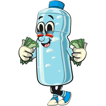 recommend clip art: water plastic bottle cartoon mascot character carrying money, vector illustration isolated, work of hand drawn