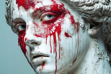 Marble Sculpture. Splatterpunk Ai nft Narcissistic abuse True crime Dark feminine Female body candle Artlist Invaluable The saleroom 111Skin Ancient white statue face with red paint stre