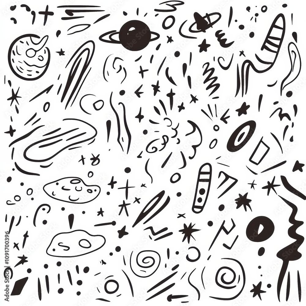 Poster colorful and imaginative doodles showcase a variety of planets, stars, astronauts, rockets, and sate