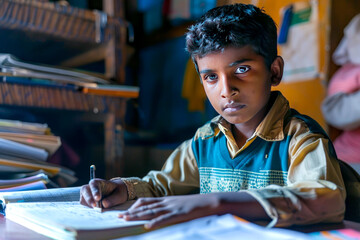 A young Indian boy arranges his study materials neatly, his organized desk reflecting his disciplined approach to academics