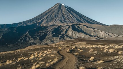 Fototapeta premium Volcanic Majesty: A solitary, majestic volcano dominates the landscape, its slopes etched with dark volcanic rock, contrasting with the vibrant blue sky. A winding dirt road leads towards the summit.