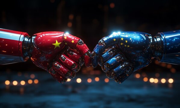 China and USA compete in the artificial intelligence race. Two opposing artificial intelligence robot hands touching each other