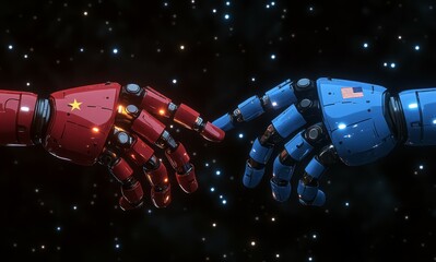 China and USA compete in the artificial intelligence race. Two opposing artificial intelligence robot hands touching each other