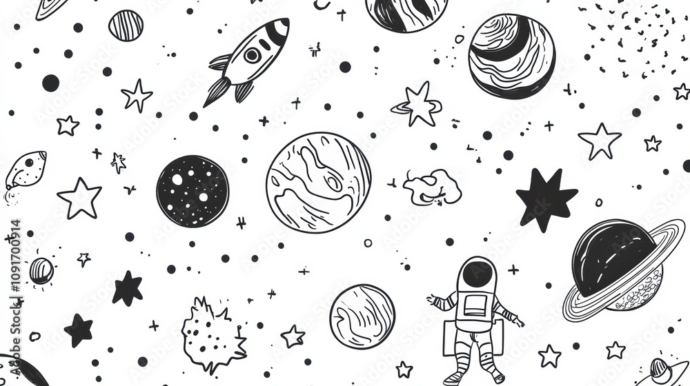 Poster A colorful array of doodles features planets, stars, rockets, and astronauts, creating a vibrant and imaginative space travel theme. Generative AI