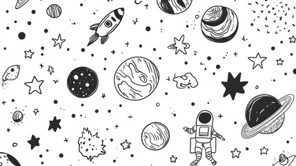 A colorful array of doodles features planets, stars, rockets, and astronauts, creating a vibrant and imaginative space travel theme. Generative AI