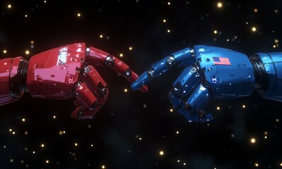 China and USA compete in the artificial intelligence race. Two opposing artificial intelligence robot hands touching each other