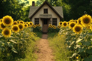 A tiny cottage in the middle of a sunflower field, with tall sunflowers surrounding the house and a dirt path leading to the front door.