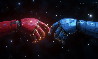 China and USA compete in the artificial intelligence race. Two opposing artificial intelligence robot hands touching each other
