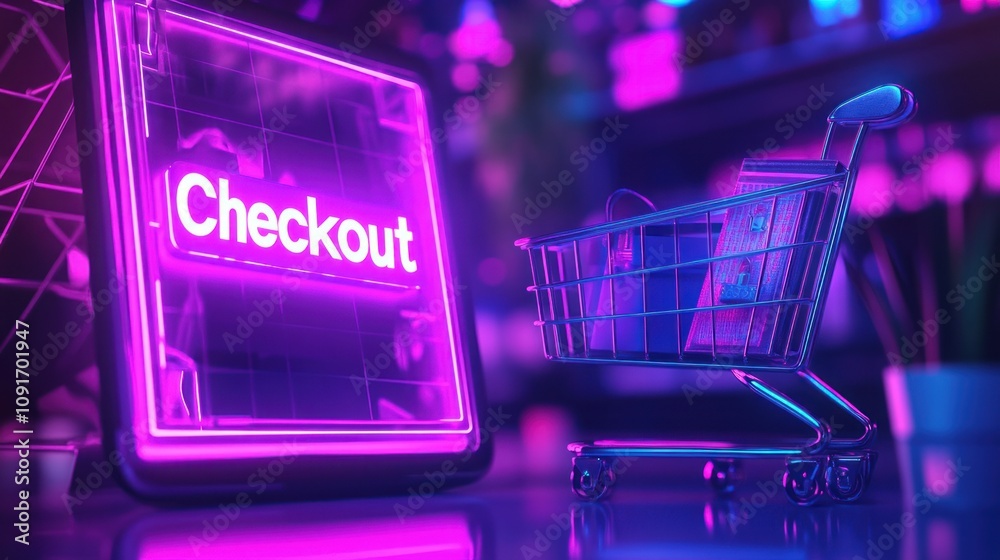 Poster neon checkout sign with shopping cart and items