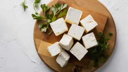 Fototapeta premium Tofu Cubes on Wooden Board: A close-up view of freshly cut tofu cubes, arranged neatly on a rustic wooden cutting board. The tofu is a soft, white, and inviting, ready for a delicious meal.