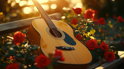 夕日の中で薔薇に囲まれたアコースティックギター