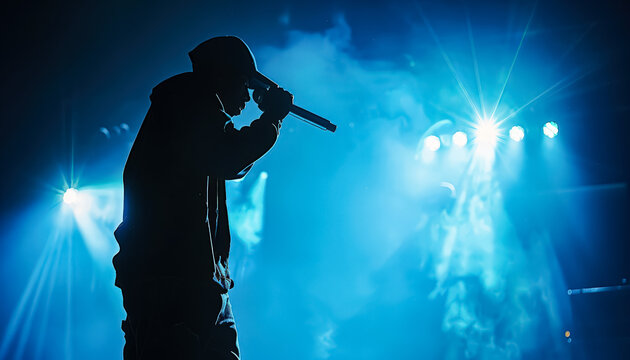 Man singing into a microphone in front of a blue light. The light is shining on him and creating a spotlight effect