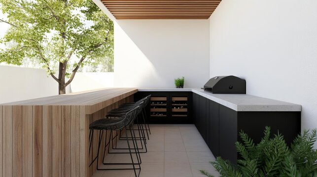 Open-air outdoor kitchen with a U-shaped counter, modern bar stools, and plenty of storage