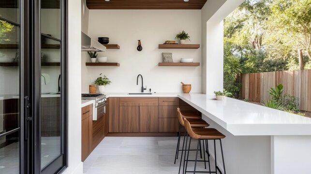 Open-air outdoor kitchen with a U-shaped counter, modern bar stools, and plenty of storage