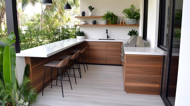 Open-air outdoor kitchen with a U-shaped counter, modern bar stools, and plenty of storage