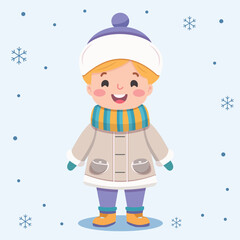 Happy and smiling kids in winter clothes. Poster, Banner, Flyer, Greeting Card. Vector illustration in flat cartoon style.