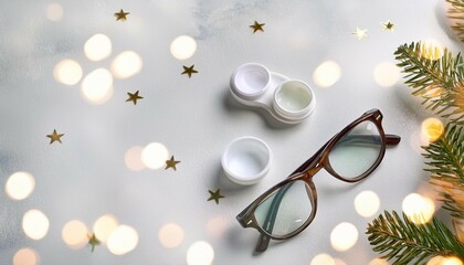 clear vision for the holidays contact lenses eyeglasses and lens solution on a white christmas background