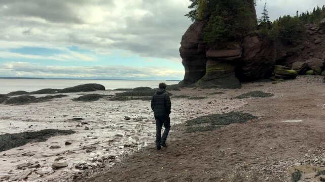 A man walks along the shore at Hopewell Rocks Park in New Brunswick